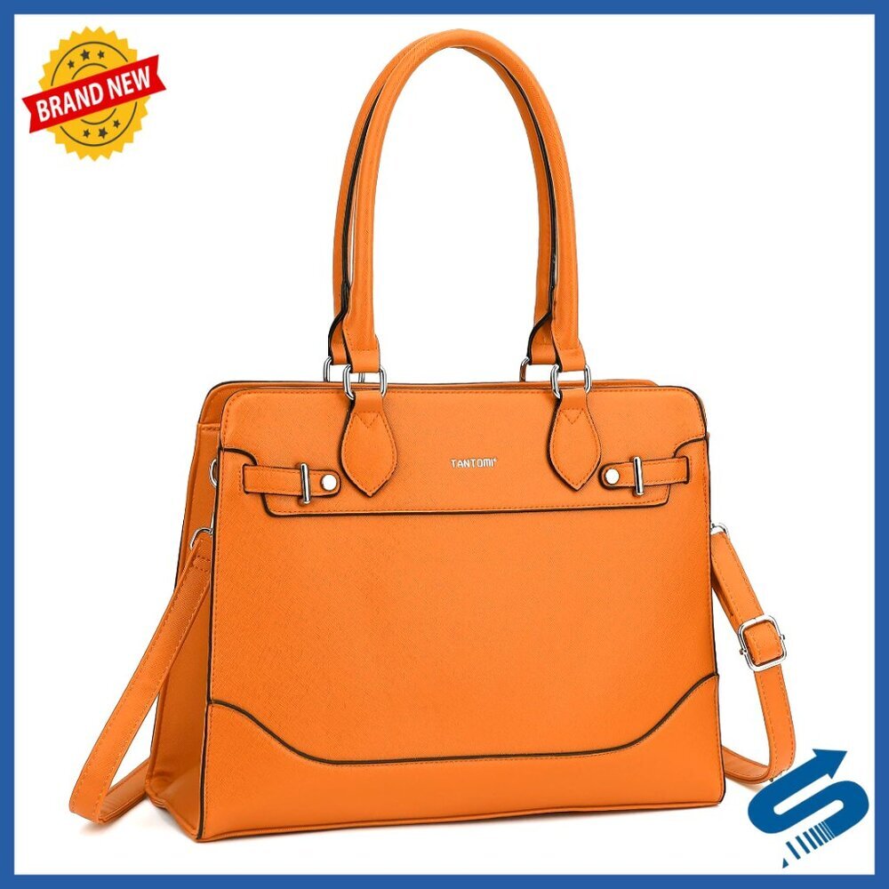 Structured Vegan Leather Tote Bag with Pockets for Work Laptop